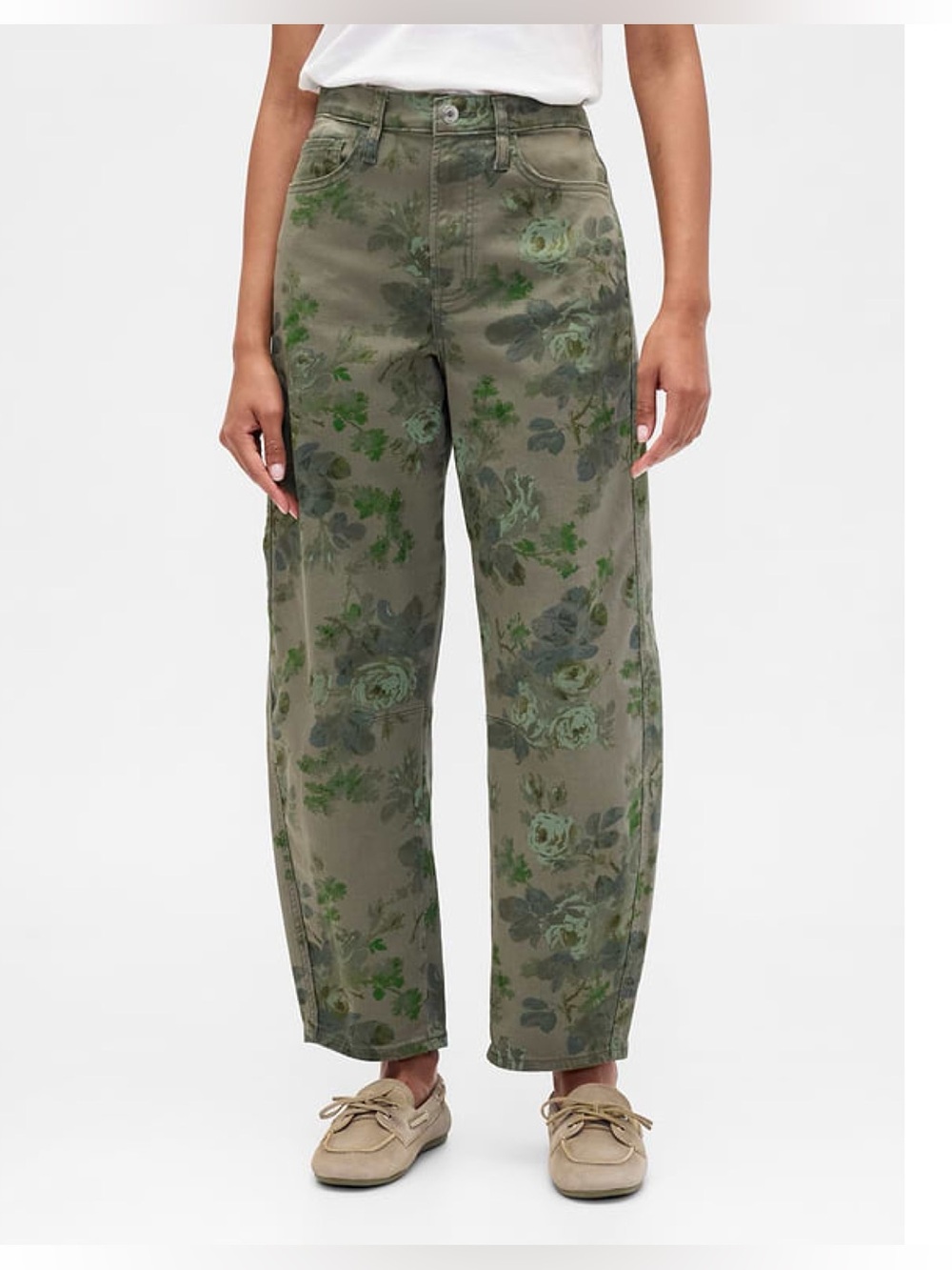 💚NWOT GAP Women’s High Rise Olive Green Floral Fall Barrel Denim Jeans | 10